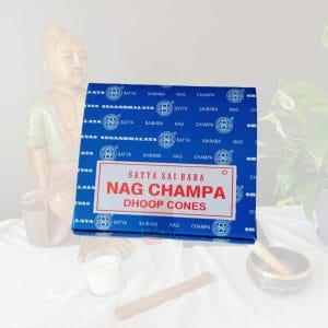Une boite de cônes Satya nag champa sur un fond zen. Ces cônes dans leur fameuse boite bleue sont composés de bois de santal et de champaca. Ils sont utilisés pour la méditation, la relaxation et la purification.