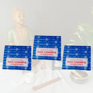 Image du pack de 3 boîtes de cônes d'encens Satya Nag Champa. L'image est prise sur un fond zen et apaisant. Ce pack est en vente chez Zen Aatma - boutique zen et ésotérique.