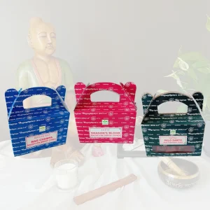 Image du pack relaxation et envoûtement qui est un lot de trois boîtes d'encens Satya en cônes à reflux. Il comprend les parfums Nag Champa, Palo Santo et sang de dragon. L'image est prise sur un fond zen et apaisant. Ce pack est en vente chez Zen Aatma - boutique zen et ésotérique.