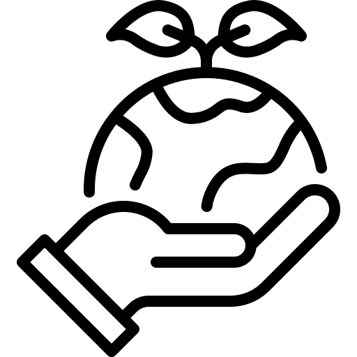 Icône représentant une main tenant la planète. Il y a des feuilles en haut de la terre. Cet icône représente le fait que les produits de la boutique en ligne Zen Aatma sont fabriqués avec des matériaux naturels.