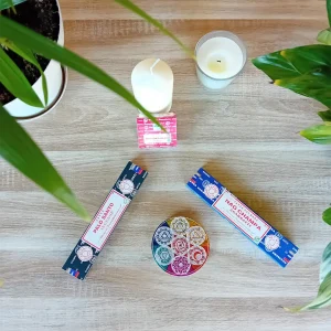 On peut voir une boite d'encens en bâtonnets Satya Palo Santo, une boite d'encens en bâtonnets Satya Nag Champa, une boite d'encens en cônes Satya Sang de dragon et un porte encens coloré en pierre. Ces produits font partie du pack éveil des sens de la boutique Zen Aatma. Il y a aussi deux bougies et des plantes vertes. L'ambiance de l'image est très zen. On peut trouver ces produits dans la boutique en ligne d'articles zen et ésotériques Zen Aatma.