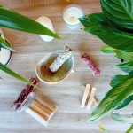 On peut voir une coquille d'ormeau posé sur un trépied Cobra naturel. Dans la coquille se trouve un fagot de sauge blanche. A côté on voit un fagot de sauge sang de dragon, des bâtons de Palo Santo, un trépied cobra laqué. Ces produits font partie du pack rituel de purification naturelle de la boutique Zen Aatma. Il y a aussi deux bougies et des plantes vertes. L'ambiance de l'image est très zen. On peut trouver ces produits dans la boutique en ligne d'articles zen et ésotériques Zen Aatma.